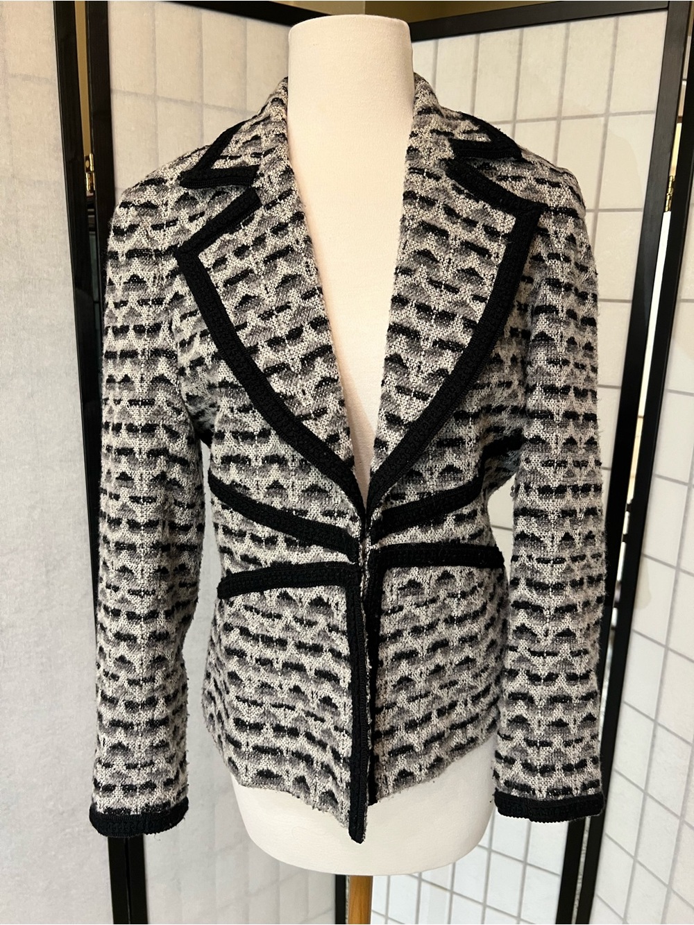 Collection B Black and White Textured Knit Blazer with Trim